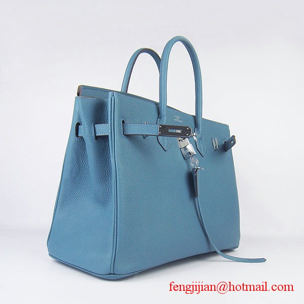 Hermes Birkin 35cm Tendon Veins Leather Bag Blue Silver Hardware